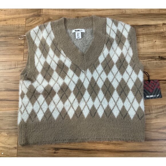 NWT WilliamRast Women's Tan and White Diamond  V-Neck Sweater Vest  Size: Small - Picture 2 of 10